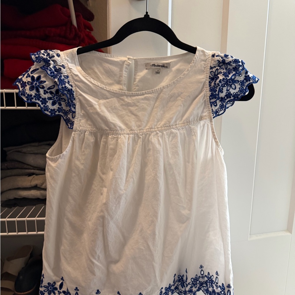 Madewell Blue and White Embroidered Blouse